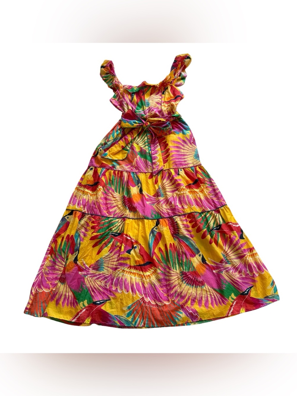 FARM Rio Colorful Toucans Ruffle Cotton Midi Dress S Tropical Bird Resortwear